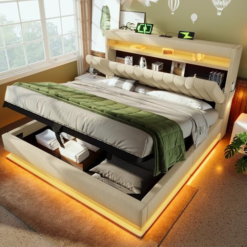 Huayz Polsterbett 140x200cm, LED Doppelbett mit Stauraum und Lattenrost, Kopfteil mit Staufach und USB- und Typ-C Ladefunktion, Hydraulisch Stauraumbett Rückenlehne,Leinenstoff, ohne Matratze