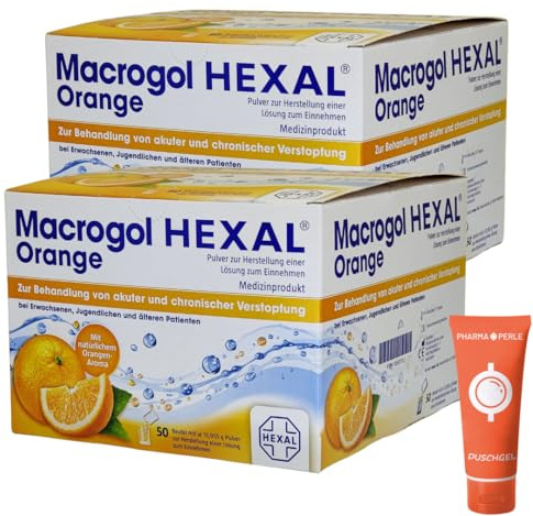Macrogol Orange 2x 50 Beutel I lösliches Pulver bei Verdauungsträgheit mit Orangengeschmack I ab 12 Jahren I Unterstützung der Darmfunktion I Spar-Set plus Pharma Perle give-away