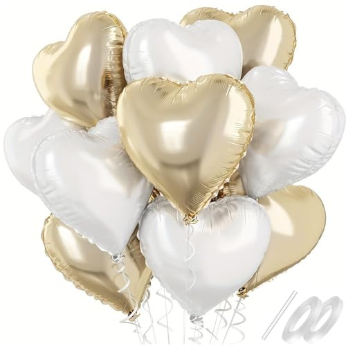 Waziwe [24 Stück] Herzluftballons • 18 Zoll Herz Folienballons Können mit Helium Gefüllt Werden, perfekt für Hochzeitsdeko, Valentinstag Deko Babypartys und Luftballons Geburtstag（Gold Weiß）
