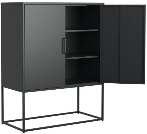 Emmtore Metall-Sideboard,Lagerschrank– 2 Regale, freistehender Stahlschrank, Magnettüren, Anti-Kipp-Sicherung, Wohnzimmer, Küche, Büro, Schwarz, H 109 cm × B 85 cm × T 40 cm