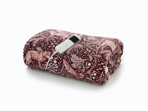 Woodland Folk Wine Heated Throw 140x180cm | Burgundy Deer & Forest Print Electric Blanket | Flannel Fleece & Sherpa Heated Throw | Machine Washable | British Design