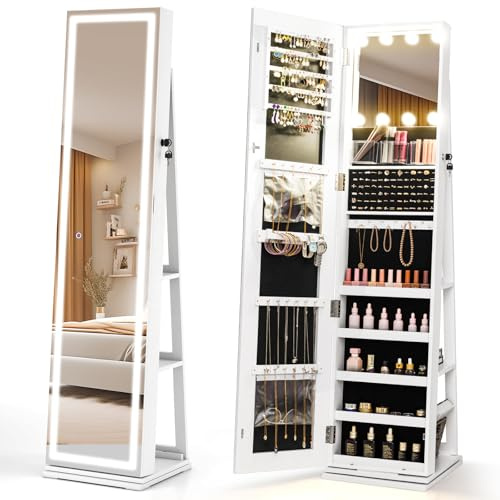 COSTWAY Specchio Portagioie Girevole a 360°, Armadietto per Gioielli con 8 Luci LED, Specchio a Figura Intera e Scaffali Posteriori, Portagioie da Terra per Camera da Letto (Bianco)