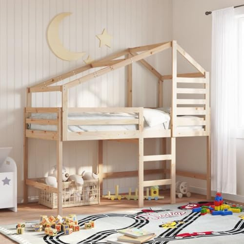 QJBSAVVA Hochbett Kiefer 205,5 x 95,5 cm Wand-Montage Jugendbett mit Dach und Leiter platzsparendes Etagenbett Einzelbett für Kinderzimmer 6-12 Jahre