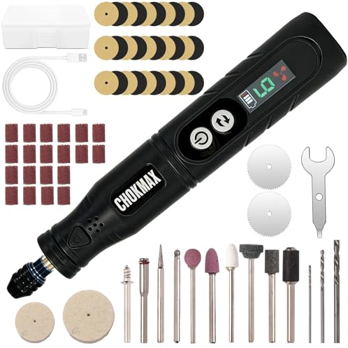 CHOKMAX Cordless Rotary Tool, 6-Speed Working Sreen Display Grinder Kit with Universal Collet and Front LED Light, 68 Accessories Art Craft Tool for Engraving, Sanding, Polishing, Drilling, Grinding