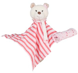 Sterntaler Träumli-Set Bär Betty mit weichem Musselintuch, trendigen Streifen, Schnullerband mit Klett & Silikonring, separates Musselintuch, 32 × 13 × 8 cm – rosa