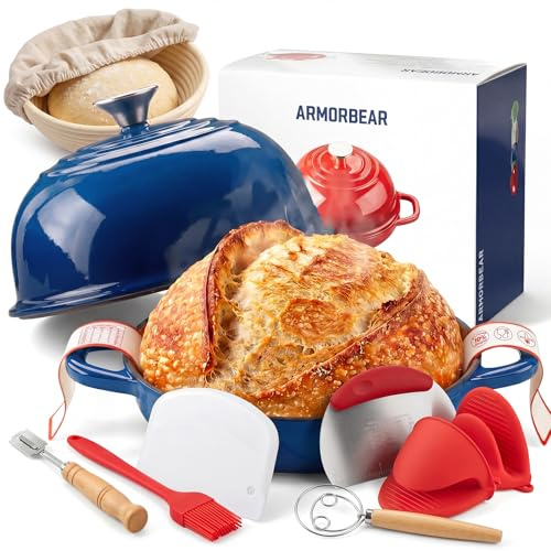 Cocotte à pain en fonte émaillée avec kit de démarrage de pâte à levre – 5QT (4,7 l) – Cocotte ronde avec couvercle bombé – Blanc – Pour pain fait maison – Cadeau pour boulangerie amateur