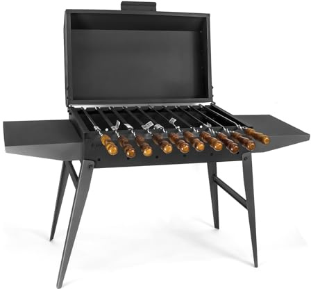 Schaschlikgrill 2 mm Stahl Deckel 2 Ablagen 10 Edelstahlspießen Holzgriff | BBQ Holzkohlegrill Mangal für Grillspieße oder Grillrost
