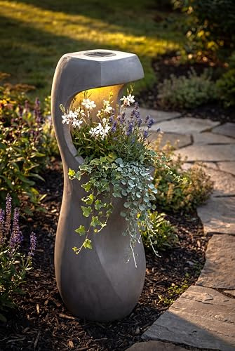 Design Pflanzkübel mit Solar LED Beleuchtung Win 33 – 71 cm Blumentopf in Betonoptik, großer Blumentopf für Garten & Terrasse, wetterfest, beleuchtet