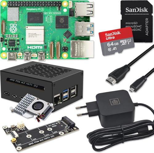Raspberry Pi 5 8GB PCIe M.2 NVMe - Kit | Metallgehäuse | Active Cooler | M.2 NVMe SSD PCIe Board | USB-C 27W Netzteil | 4K Micro HDMI Kabel | Ideal für Home Assistant