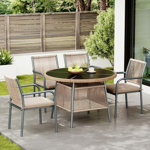 Gartenmöbel Set 5-teilig mit Rattan Sessel & Sicherheitsglasplatte – Sitzgruppe Outdoor aus pulverbeschichtetem Eisengestell, wetterfeste Terrassenmöbel mit Sitzkissen für Terrasse, Balkon, Garten