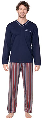 e.VIP Herren Schlafanzug Olaf 199 lang, aus Reiner Baumwolle in Farbe Marine/Weinrot, Gr. L