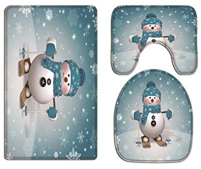 A.Monamour Badezimmer Badematte 3 Teilig Set Weihnachten 3D Skifahren Cartoon Schneemann Schneeflocke Wc Sitzbezüge Bad Matte Teppich Flanell Saugfähig Badteppiche Badvorleger Badgarnitur WC Vorleger