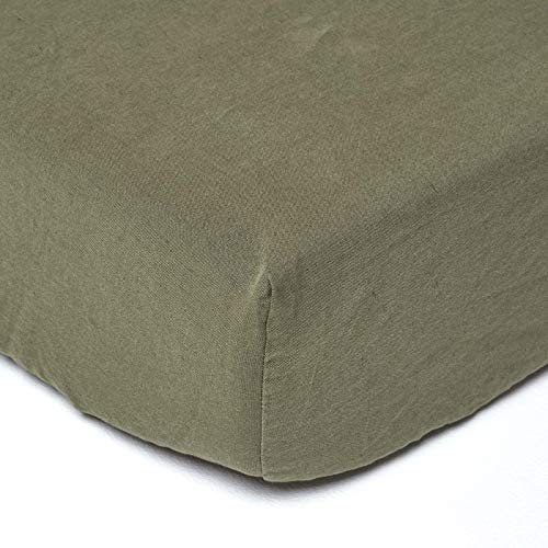 HOMESCAPES Luxury Soft Linen Extra Deep Fitted Sheet Plain Dark Green Textured Linen Sheet Natural French Flax Fibre Linen & Pure 100% Cotton Blend Khaki Green, Single Size (46 cm Deep)