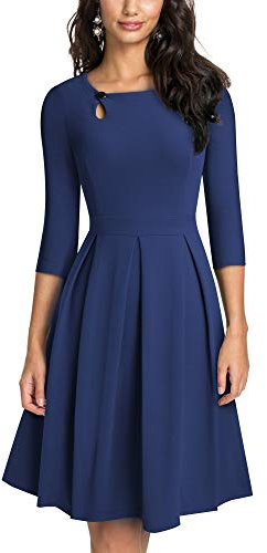HOMEYEE Damen Vintage Aushöhlen Rundhals Abgefackelt Plissee Cocktailkleid A223 (L, Dunkelblau)