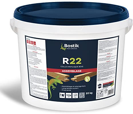 Bostik Colle Vinylique Bois R22 - Prise Lente - Colle d'Assemblage et de Placage du Bois - D1 Menuiseries Intérieures - Meubles - Blanc - Seau de 20 kg