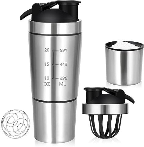 700ml Protein Shaker with 200ml Storage Cup, Metal Protein Shaker With Mixball, BPA Free&Leak-Proof Shaker Bottle For Protein Shakes, Stainless Steel Protein Shaker with Storage&Shaker Ball, Silver