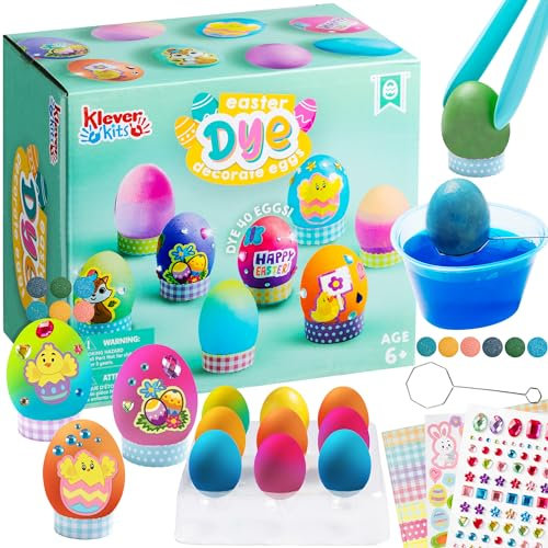Klever Kits Kit fai da te per decorazione di uova di Pasqua, kit di tintura per uova di Pasqua con tavolette di colore sfumato, supporto per uova, adesivi pasquali per bomboniere di Pasqua, attività