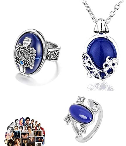 Zaky 33 Stück Vampir Schmuck Daylight Walking Signet Damon's Ringe Daywalking Katherine Saphir Kristall Anhänger Halsketten Aufkleber Set Cosplay für Fans