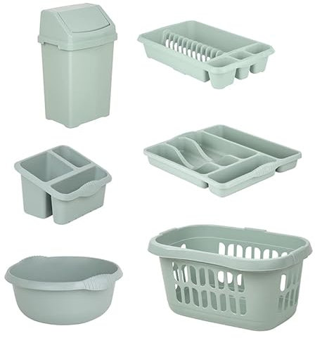[𝐒𝐞𝐭 𝐨𝐟 𝟔] 𝐒𝐢𝐥𝐯𝐞𝐫 𝐒𝐚𝐠𝐞 Plastic Kitchen Set for Caravans and Motor Home- Sink Tidy, Swing Bin, Round Washing Up Bowl, Hipster Laundry Basket, Cutlery Tray with Dish Drainer