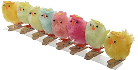 Decoris Küken 5cm x 8 Stück Chenille mit Holzklammer Blume Osterdeko Osterküken zum Basteln gelb bunt
