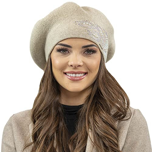 VIVISENCE Baskenmütze Für Damen Winter Herbst Warme Barette Mit Glänzender Zirkonia-Applikation Frauen Elegante Klassischem Stil Perfekte Für Herbst Und Wintertage Modell 7051, Beige,Einheitsgröße