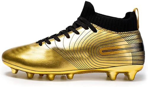 Kmrlofiy Fußballschuhe Herren High Top Spike Cleats Fussballschuhe Kinder Professionelle Outdoor Athletics Fußballschuhe Schnürsenkel Junge Trainingsschuhe Sportschuhe Wettkampf (Gold, 43EU)