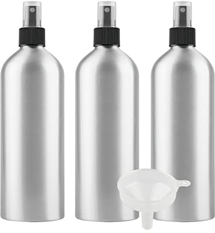 PQPAUTY 3 Piezas Pequeño 500ml botella de spray pulverizador Botella de Aluminio Plata con Bomba en Negro Niebla Fina Atomizador para Perfume Viaje Artículos de Agua Cosmético, con Embudo