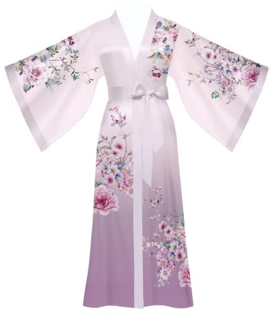 Kimono Satin Femme Robe de Chambre Femme Nuit Kimono Japonais Peignoir Satin Long Manche Longue (Dégradé Violet)