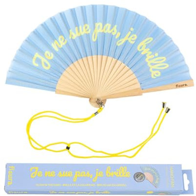 Fisura - Original handheld folding fan with message in french. wooden fan. Original holding Hand Fans. Fan with hanger included (Brille, blue)