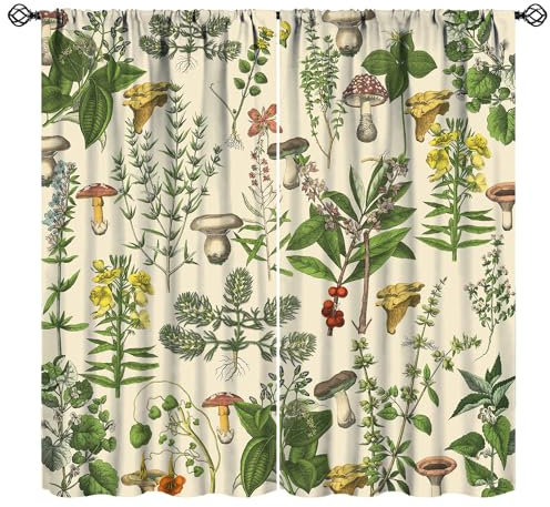 Botanische Vorhänge im Vintage-Stil, antikes 1900er-Jahre-Pflanzen-Pilz, Verdunkelung, Fenstervorhänge für Küche, Boho-Retro-Wildblume, grüne Blätter, Farne, Bauernhaus, Fensterbehandlung für