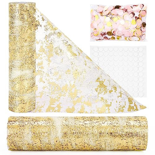 Onlyesh Tischläufer Gold, 28CM × 20M, Tischläufer Hochzeit mit 20g Konfetti und 100 Stück Doppelseitig Klebepunkte, für Partys, Hochzeiten, Kommunionen, Taufen