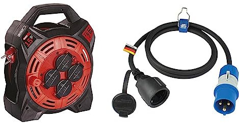 EMOS Kabeltrommel mit LED-Strahler, 15m Outdoor-Kabelbox Schuko, 20W Fluter, CEE-Adapterleitung Caravan, Rot