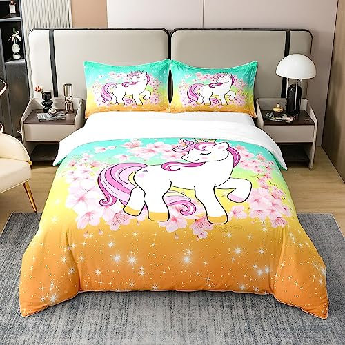 Mädchen Einhorn 100% Baumwolle Bettbezug 155x220,Pferd Tröster Abdeckung,Glitter Gradient Ombre Bettwäsche Set,Girly Kirschblüten Quilt Cover,Sternenhimmel Bettwäsche Bauernhaus Bettbezug,Grün Orange