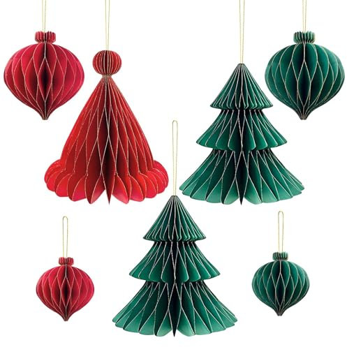 YUDAEE 7pcs Paper Christmas Decorations Retro Paper Honeycomb Party Decorations Christmas Table Decoration Hanging Christmas Decorations Red and Green for Christmas Tree Xmas Home Party Supplies