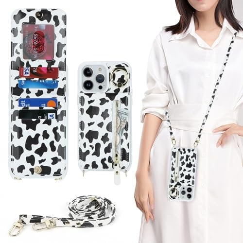 Zouzt for iPhone 13 Pro Case with Cord iPhone 13 Pro Card Holde Case iPhone 13 Pro Zipper Wallet Case iPhone 13 Pro Case with Lanyard Ring Adjustable Necklace Phone Cover for Women - Cow Print Black