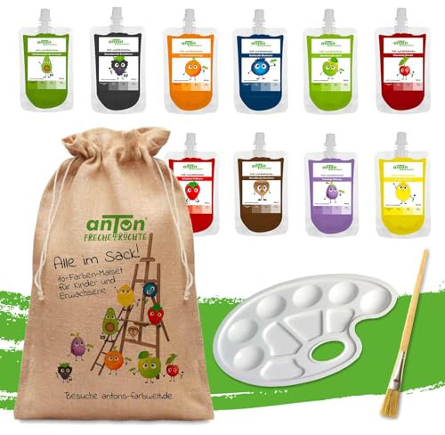 anTon Freche Früchte Acrylfarben-Set 10 Farben im praktischen Design-Beutel | Holz, Leinwände, Keramik, Stoff, Glas, Papier usw. | unbedenklich strahlende Malfarben für Kinder, Anfänger & Künstler