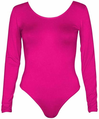 Fashion Mark Body da donna a maniche lunghe, scollo rotondo, elasticizzato, taglia 40-46, Rosa fluo, 8-10