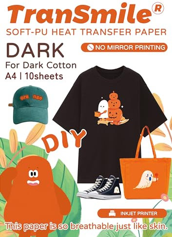 TRANSMILE PU-Dark Transfer Paper Printable Heat Transfer Vinyl Black Cotton Fabric 1.0 A4 10 Sheets Iron on Transfers for Inkjet Printer, Bright and Washable (TS-H-D1.0-10)