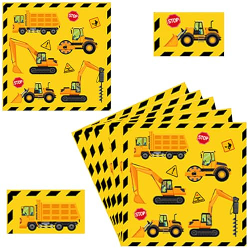 60 Stück Bagger Servietten, Bagger Bulldozer Radlader Servietten für Junge, Einweg Servietten, Buntes Papiergeschirr für den Kindergeburtstag, Thema Baustelle, 33 x 33 cm