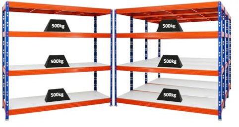 PROREGAL Mega Deal | 4X Profi Schwerlastregal Rhino | HxBxT 180x200x60cm | 4 Melamin-Ebenen 16mm | Fachlast 500kg | Blau-Orange | Garagenregal Lagerregal Steckregal Weitspannregal