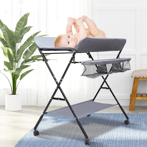 WEIGR Baby Wickeltisch Changing Table, Kinder Mobiler Wickeltisch klappbarer mit herausnehmbarer Trennwand, ausgestattet, Wickelauflage, Sicherheitsgurt (mit Rädern)