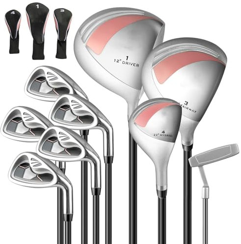 GYMAX Set Completo di Mazze da Golf per Donna, 9 Pezzi, Include Driver in Lega, Legno da Fairway 3#, Ibrido 4#, Ferri 6#, 7#, 8#, 9# & P#, Putter Pullet e 3 Copri Mazze