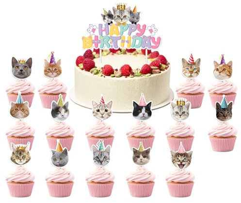 16 Stück Katze Geburtstag Katzen Cupcake Topper,Katzen Muffin Deko Tortendeko Katze, Katzen Deko Geburtstag für Katze Geburtstag Party Decorations Katze Partyzubehör