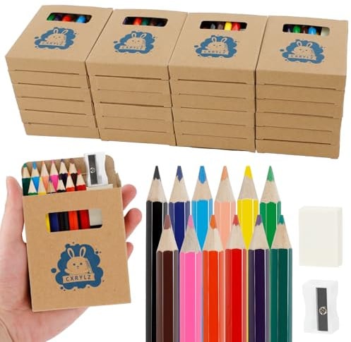 CXRYLZ-FUR 24 Pack Buntstifte Kinder, 12 Farben Holzstifte mit Spitzer und Radiergummi Set, Dicke Farbstifte Kleine Geschenke für Kinder Kindergeburtstag Party Mitgebsel Schule