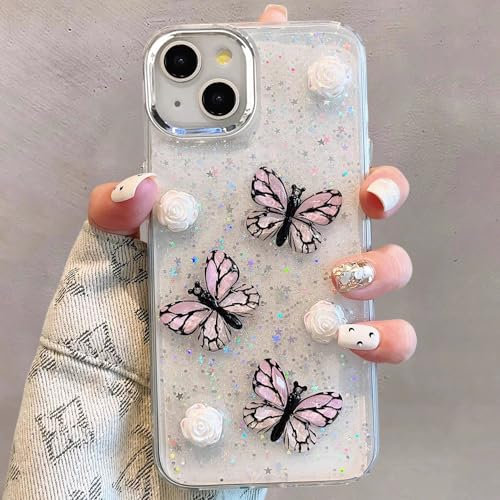 UEEBAI Case for iPhone 14 Plus iPhone 15 Plus, Sparkly Glitter Bling Case 3D Clear Aesthetic Cute Butterfly TPU Phone Flower Case Slim Non-Yellowing Protective Cover for Women Girls, Pink