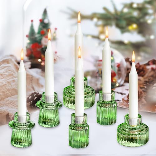 Lot de 6 photophores en verre vert - Style vintage - Verre transparent - Pour décoration de la maison, mariage, fête, anniversaire