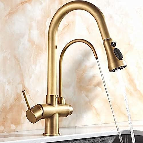 3 way kitchen tap with pull out spray, kitchen mixer taps antique brass swivel multifunction kitchen sink tap