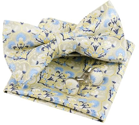 Alizeal Lot de 3 nœuds papillon pré-noués pour homme Motif floral et boutons de manchette, 052-Jaune + Bleu clair, taille unique