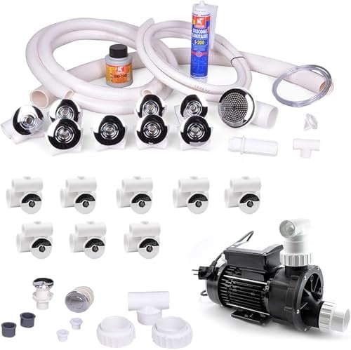 AQUADE 37-teiliges Set Whirlpоol Badewanne Selbstbausatz - Bausatz mit Whirlpoоl Pumpe 0,75 HS, Pneumatik Schlauch, 16x Whirlpoоl Düsen, Startknopf, Lüftregler, Kleber, Silikon, Schraubgriff und mehr