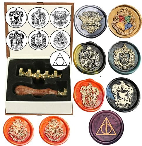 Hogwarts Siegelstempel Set, 7 Pcs Hogwarts Magische Wachssiegel Stempel Set und 1 Pcs Holzgriff, Vintage Wax Wachs Siegel Stempel Kit für Briefumschlag Postkartenetikett Hochzeitseinladung (7A)